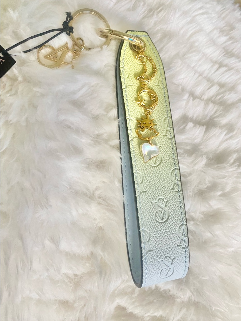 Victoria's Secret White Leather Strap Keychain with Gold Charms